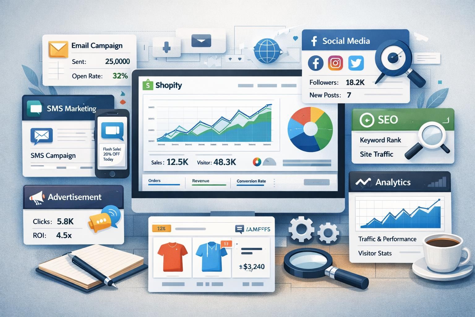 shopify, e-ticaret markalarına yönelik çok kanallı pazarlama araçları geliştirerek satışları artırma ve müşteri etkileşimini güçlendirme fırsatı sunuyor.